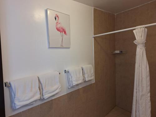 a bathroom with a pink flamingo painting on the wall at #44#27#56al#67 Rooms 2 beds near beach in San Felipe