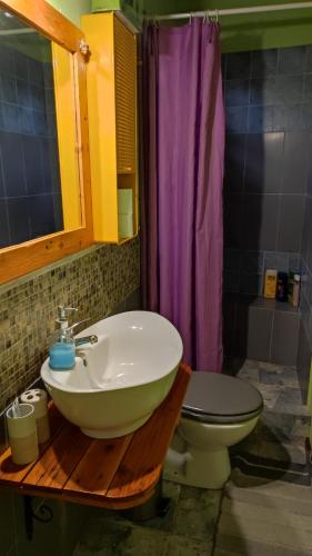 a bathroom with a sink and a toilet at Μονόχωρος με αυλή in Vrasná
