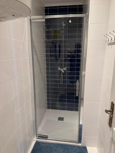 a shower with a glass door in a bathroom at Ground floor apartment in Ponta Delgada in Ponta Delgada