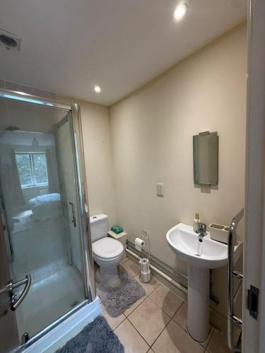 a bathroom with a shower and a toilet and a sink at 2 Bedroom by JL Airport & Retail in Liverpool