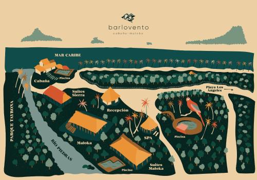 a map of the island of bonaire with its attractions at Finca Barlovento Maloka, Tayrona Park in Los Naranjos