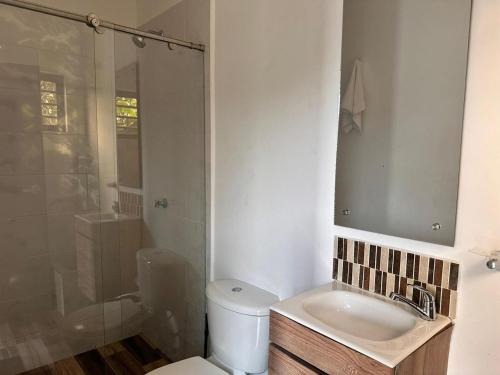 a bathroom with a toilet and a sink and a shower at Finca Casa Mercedes rivera in Rivera