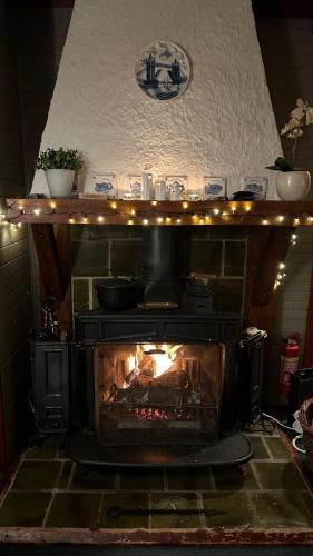 a fireplace with a fire in it with christmas lights at Le Belle Homme in Gouvy