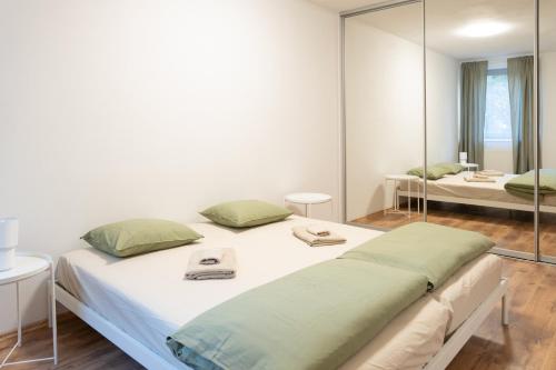 ピエシュチャニにあるComfort Central Apartment Piešťanyのベッド2台と大きな鏡のある寝室