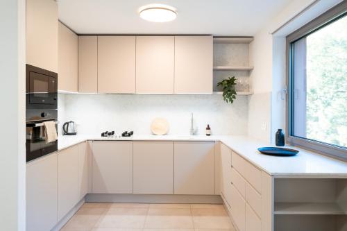 ピエシュチャニにあるComfort Central Apartment Piešťanyの白いキャビネットと窓のあるキッチン