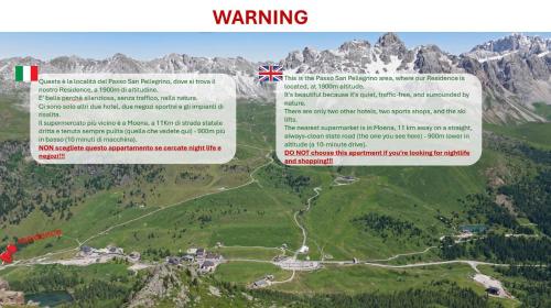 una mappa di una montagna con le parole avvertimento di Casina Alpina sugli impianti Passo S Pellegrino a Passo San Pellegrino
