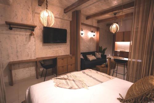 a bedroom with a bed and a tv on the wall at Mediterranean Apartment, CB510 in Estación El Salto