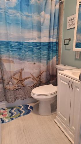 a bathroom with a shower curtain with a toilet and a sink at Near Beach Walk and Bike everywhere FENCED BACKYARD in Naples