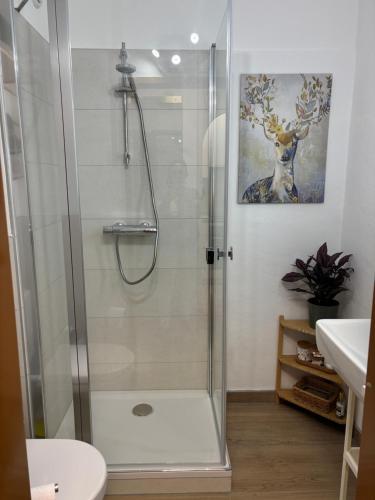 una cabina de ducha en un baño con lavabo en Lakeside Moments, en Klagenfurt
