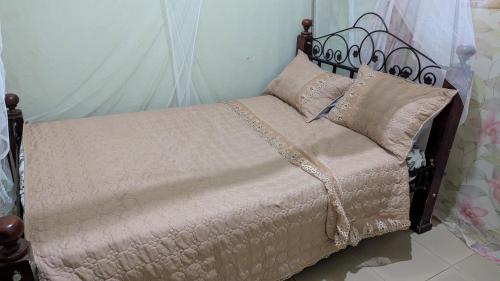 a bedroom with a bed with a metal frame and pillows at J and A Villas Homestay in Mbale
