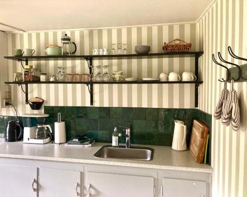 a kitchen counter with a sink and shelves at Staevnegaarden in Flødstrup