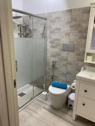a bathroom with a toilet and a glass shower at Vendicari in Pachino