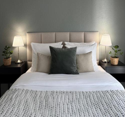 a bedroom with a large bed with pillows and two lamps at Studio Galerie 473 L'art de vivre à Metz in Metz
