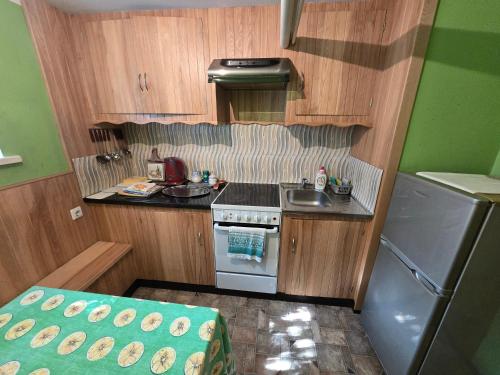 a small kitchen with a stove and a sink at Pas Povilą in Jurbarkas
