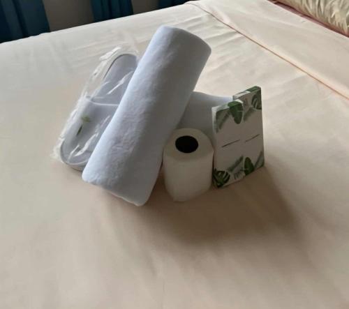 a bed with towels and a roll of toilet paper on it at bayviewmansion malate in Manila