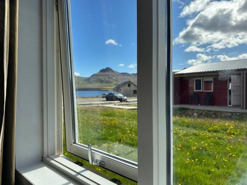 a window with a view of a field of flowers at Álfheimar Hotel in Borgarfjordur Eystri