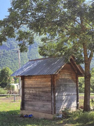 a small wooden shed with a black roof at Ekoo katun Jezerca in Vusanje