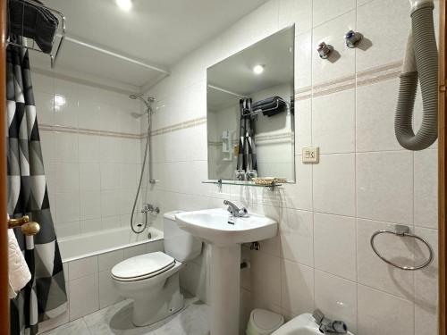 a bathroom with a sink and a toilet and a mirror at Apartamentos Lausan in Gavín