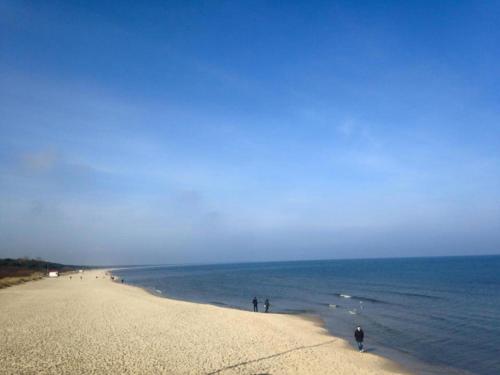 a beach with people standing in the water at Ferienwohnung Fritz in Zinnowitz