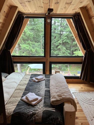 una cama en una habitación con una ventana grande en Forest Whisper SPA, en Žabljak