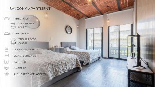 a bedroom with two beds and a clock on the wall at 205 Zocalo Cathedral 2bdrmB 2Bath fits 10 AC Apt in Mexico City