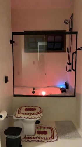 a bathroom with a toilet and a mirror on the wall at Suíte Casal com Hidro no Centro - Infinito Particular in Guararema