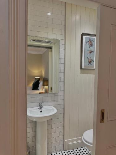 a bathroom with a sink and a mirror at Mallview cottage in Armagh