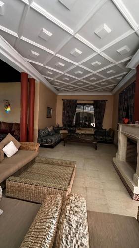 a large living room with couches and a fireplace at Ma ferme in Dar Mouddene