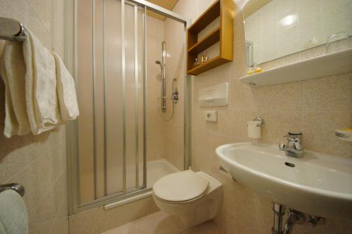 a bathroom with a shower and a toilet and a sink at Gasthof La Pli Apartments in San Vigilio Di Marebbe