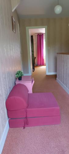 a pink couch in the middle of a room at Maison dans îlot de verdure in Languidic