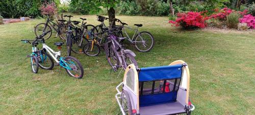 a group of bikes parked on the grass with a cart at Maison dans îlot de verdure in Languidic