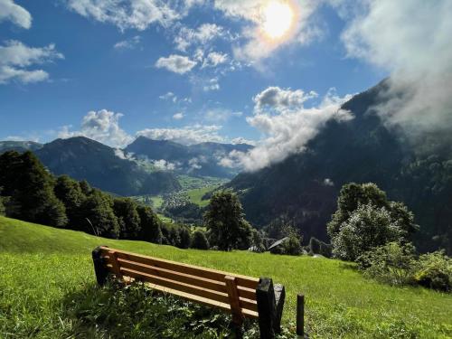a bench on a hill with a view of mountains at Sonnes Apartment in Andelsbuch
