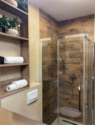a bathroom with a shower with a glass door at Beli Bregovi Lux in Zlatibor
