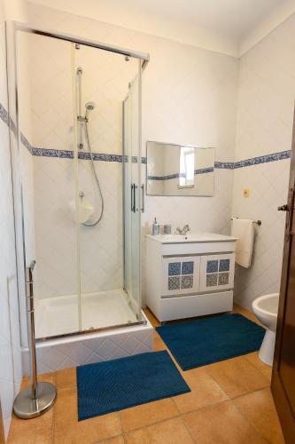 a bathroom with a shower and a sink and a toilet at Casa da Ti Bia in Setúbal