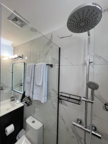 a bathroom with a shower and a toilet and a sink at Desing House Obarrio by G Housing in El Quije