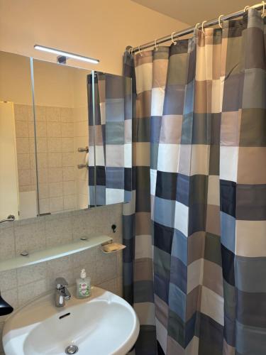 a bathroom with a sink and a mirror at Steffies Apartment two in Idstein
