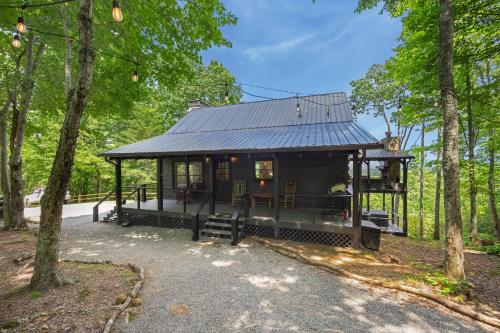 a tiny house in the woods with a metal roof at Top of the Mountain Breathtaking Views Hot Tub in Blue Ridge
