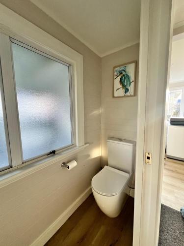a bathroom with a toilet and a window at Cottage on Duke in Cambridge