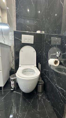 a bathroom with a white toilet in a black wall at Suite luxueuse Avenue des Champs-Élysées in Paris