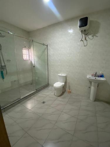 a bathroom with a shower and a toilet and a sink at 2 bedroom duplex apartment in Ibadan