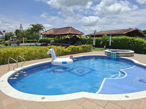 a pool with a swan and a float in it at Horizonte del Quindío - Chalet privado in Quimbaya