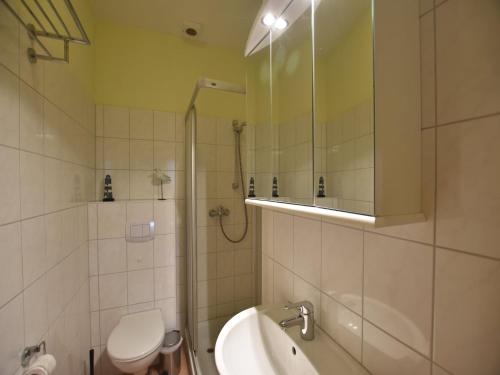 a bathroom with a shower and a toilet and a sink at Küstenwohnung in Zierow in Zierow