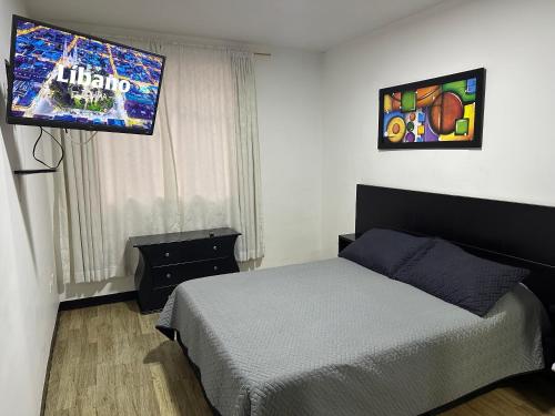 a bedroom with a bed and a flat screen tv at Apartamentos FM 202 in Líbano