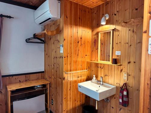 a bathroom with wooden walls and a sink and a tv at Ringo Lodge Hakuba in Hakuba