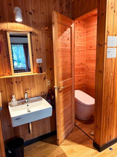 a wooden bathroom with a sink and a toilet at Ringo Lodge Hakuba in Hakuba