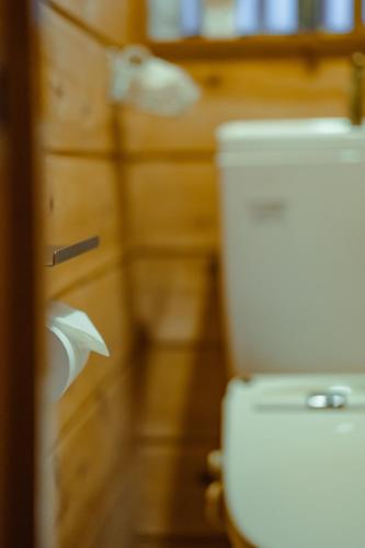 a bathroom with a toilet and a roll of toilet paper at 箱根 邂逅 ログハウス 森林浴とBbqが楽しめる in Ashinoyu