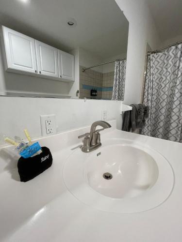 a white sink in a bathroom with a mirror at Little Carnation in St. Augustine