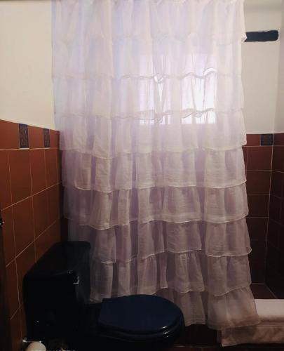a shower curtain in a bathroom with a toilet at La Posada de Jose Antonio in Villa de Leyva