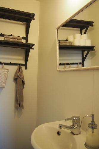 a bathroom with a sink and a mirror at Granastaðir Guesthouse in Granastaðir