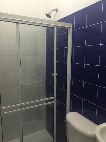 une salle de bain carrelée bleue avec douche et toilettes dans l'établissement Hostel Mamy Dorme, à Barranquilla